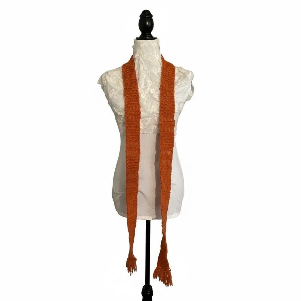 Burnt Orange Ribbed Knit Fringe Long Scarf